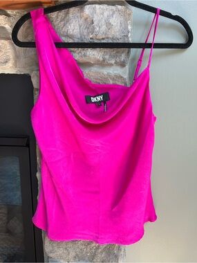 💜DKNY Hot Pink Satin Cowl Neck Camisole, adjustable strap/almost one strap